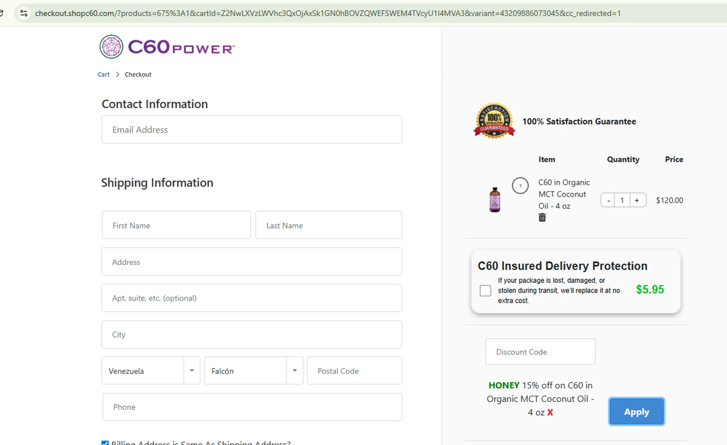 Shop C60 discount code screenshot showing code HONEY applied at Shop C60 checkout page. Uploaded by SimplyCodes community member ShrewdBoss4152 on Feb 19, 2025