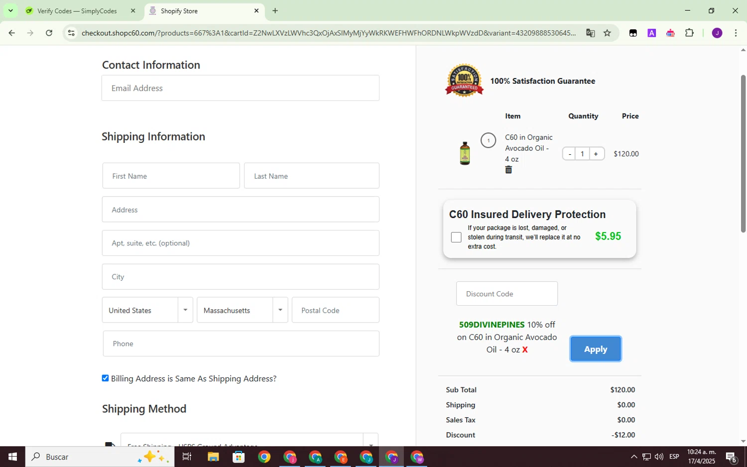 Shop C60 discount code screenshot showing code 509DIVINEPINES applied at Shop C60 checkout page. Uploaded by SimplyCodes community member SmartWhiz1165 on Apr 17, 2025