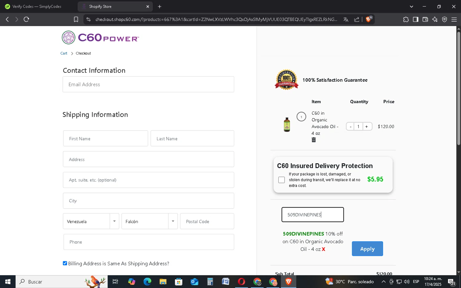 Shop C60 discount code screenshot showing code 509DIVINEPINES applied at Shop C60 checkout page. Uploaded by SimplyCodes community member FrugalMonarch7277 on Apr 17, 2025