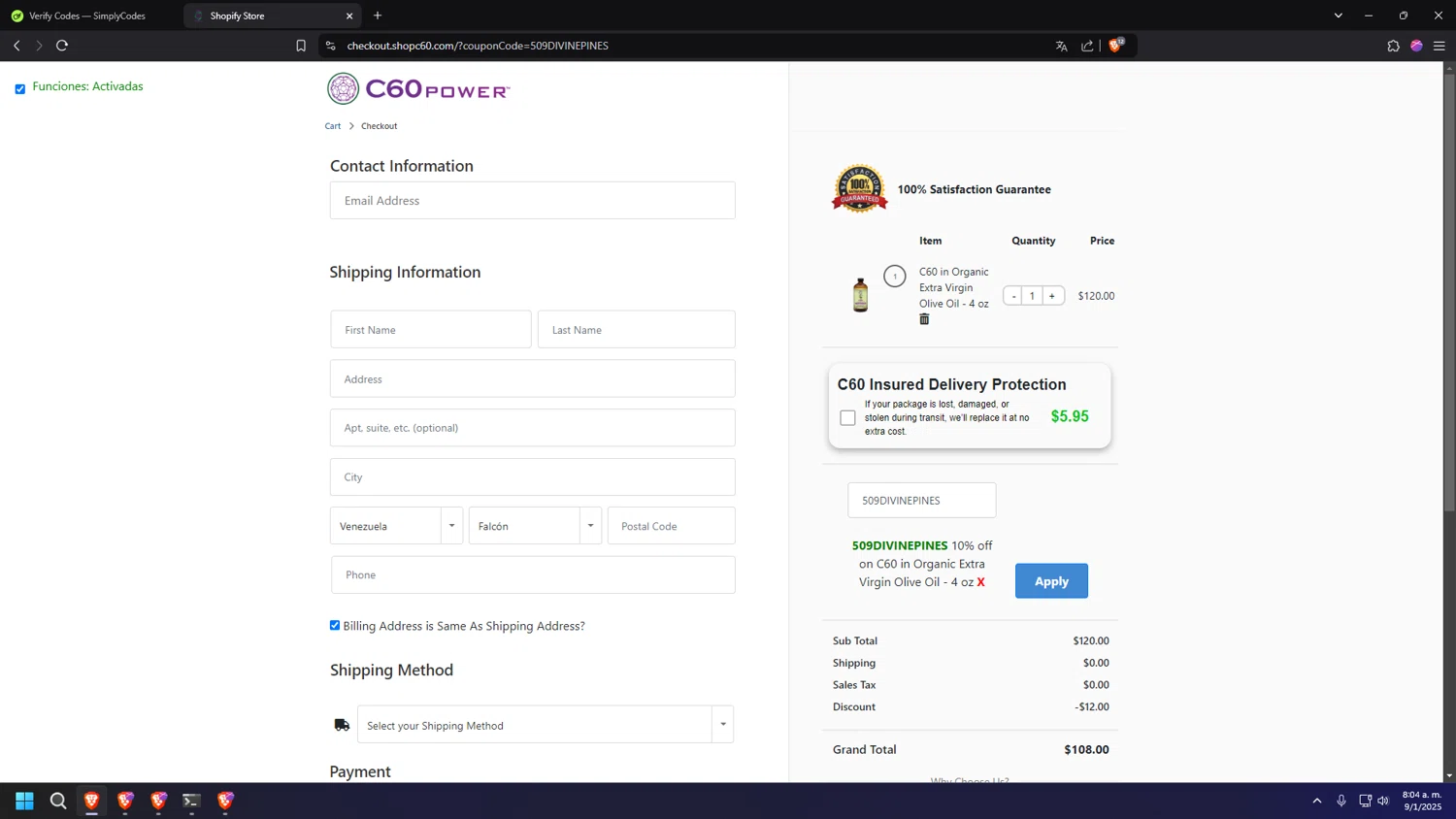 Shop C60 discount code screenshot showing code 509DIVINEPINES applied at Shop C60 checkout page. Uploaded by SimplyCodes community member INSECTOS on Jan 9, 2025