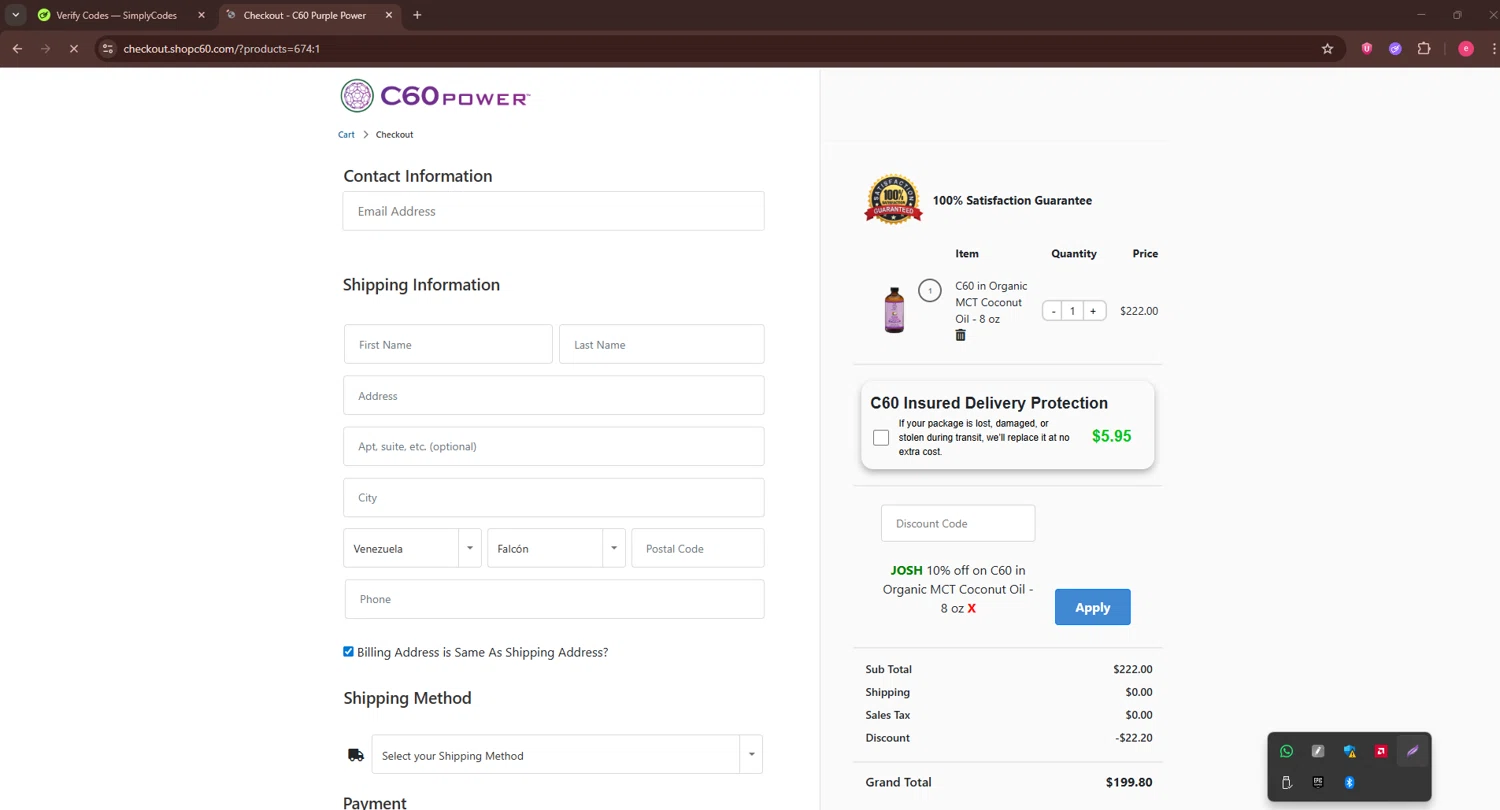 Shop C60 discount code screenshot showing code JOSH applied at Shop C60 checkout page. Uploaded by SimplyCodes community member TreasureWarden457 on Dec 16, 2025