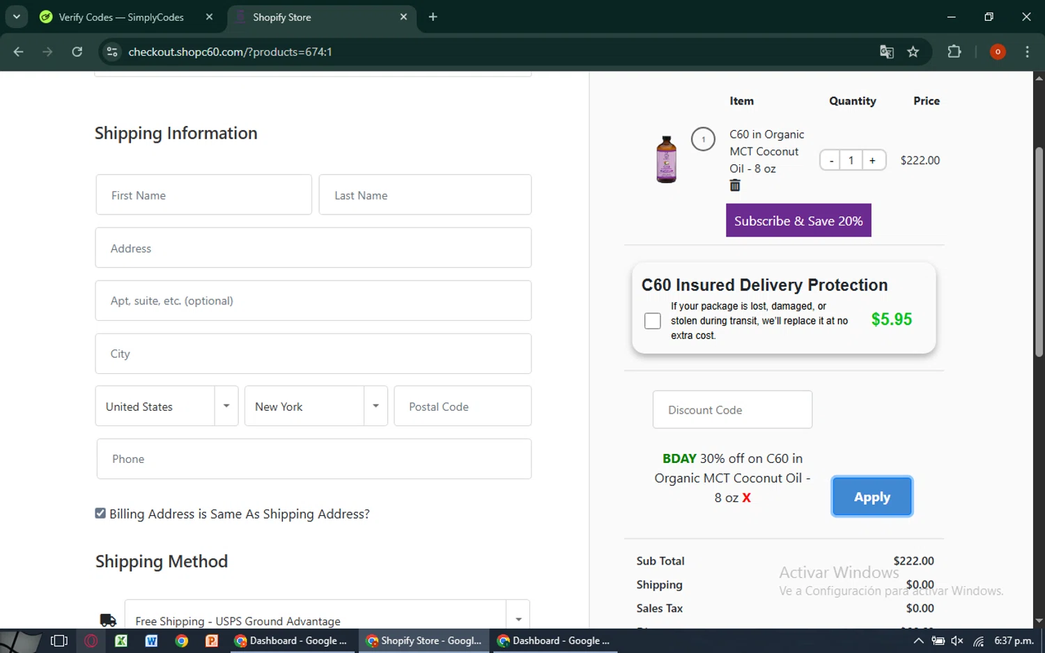 Shop C60 checkout page showing Shop C60 discount code box | Screenshot taken by SimplyCodes community member on Sep 26, 2025