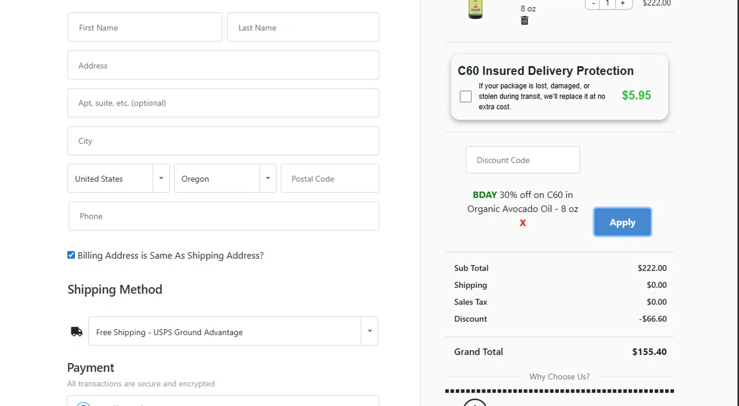Shop C60 checkout page showing Shop C60 discount code box | Screenshot taken by SimplyCodes community member on Sep 26, 2025