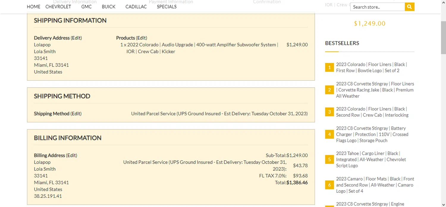 ShopChevyParts.com checkout page showing ShopChevyParts.com promo code box | Screenshot taken by SimplyCodes community member on Oct 28, 2023