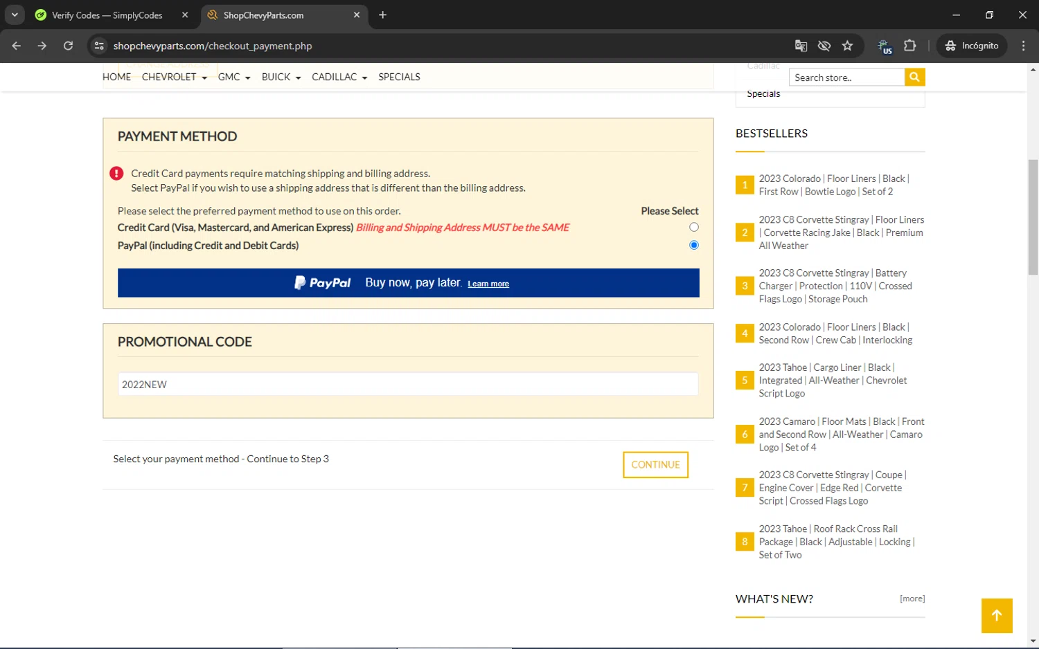 ShopChevyParts.com checkout page showing ShopChevyParts.com promo code box | Screenshot taken by SimplyCodes community member on May 3, 2024
