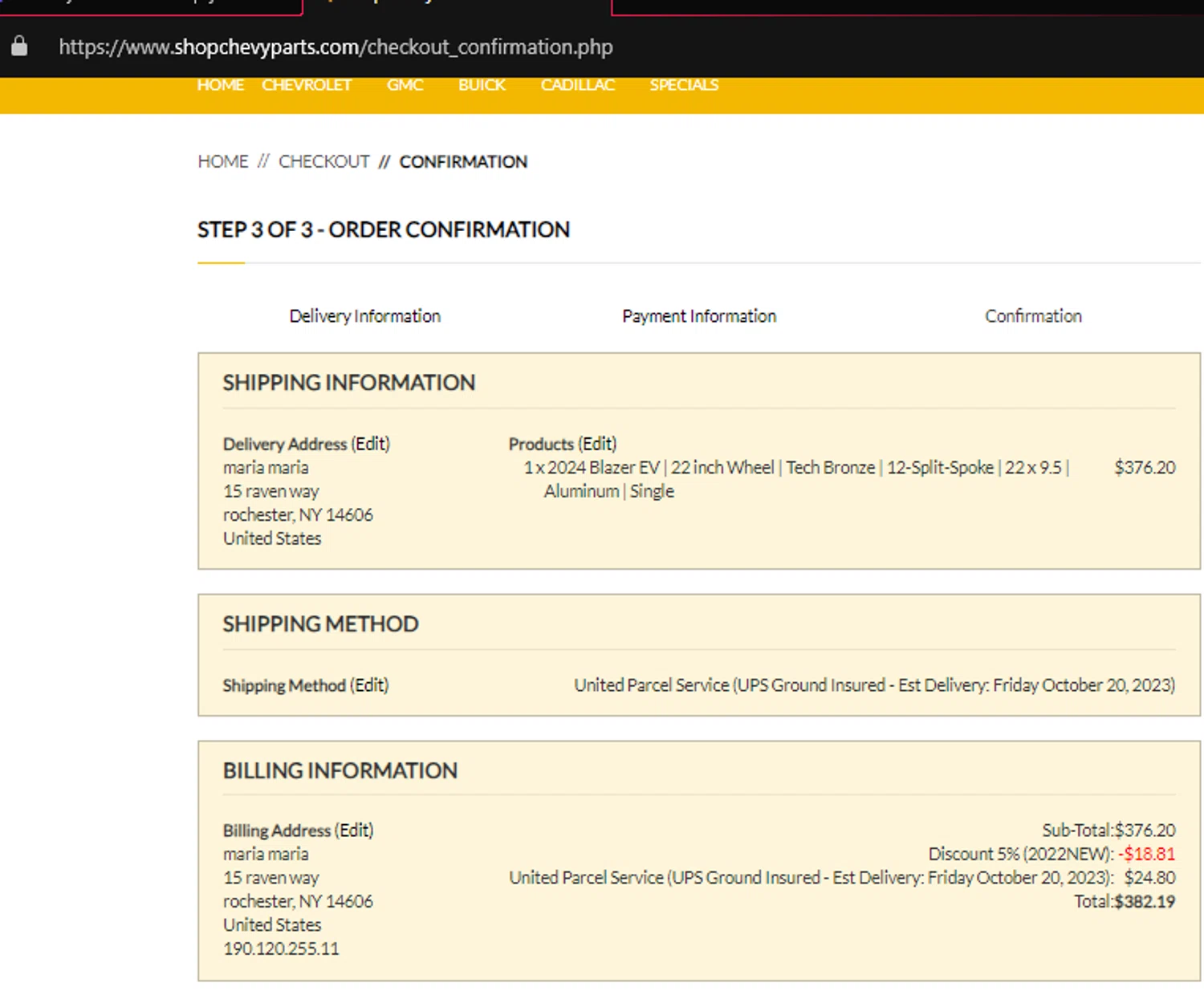 ShopChevyParts.com checkout page showing ShopChevyParts.com promo code box | Screenshot taken by SimplyCodes community member on Oct 16, 2023
