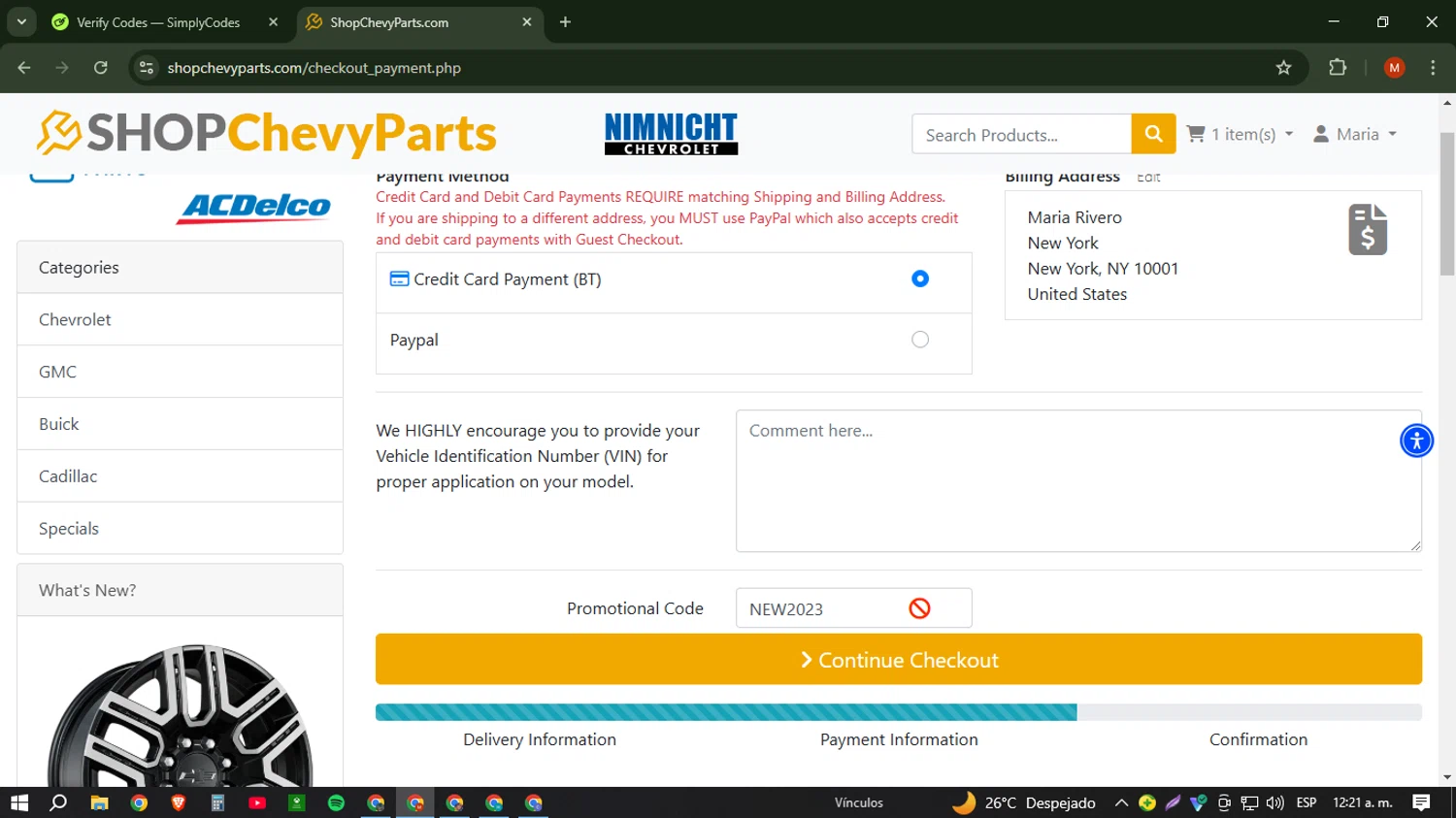 ShopChevyParts.com promo code screenshot showing code NEW2023 applied at ShopChevyParts.com checkout page. Uploaded by SimplyCodes community member NobleSentinel6058 on Jan 29, 2025