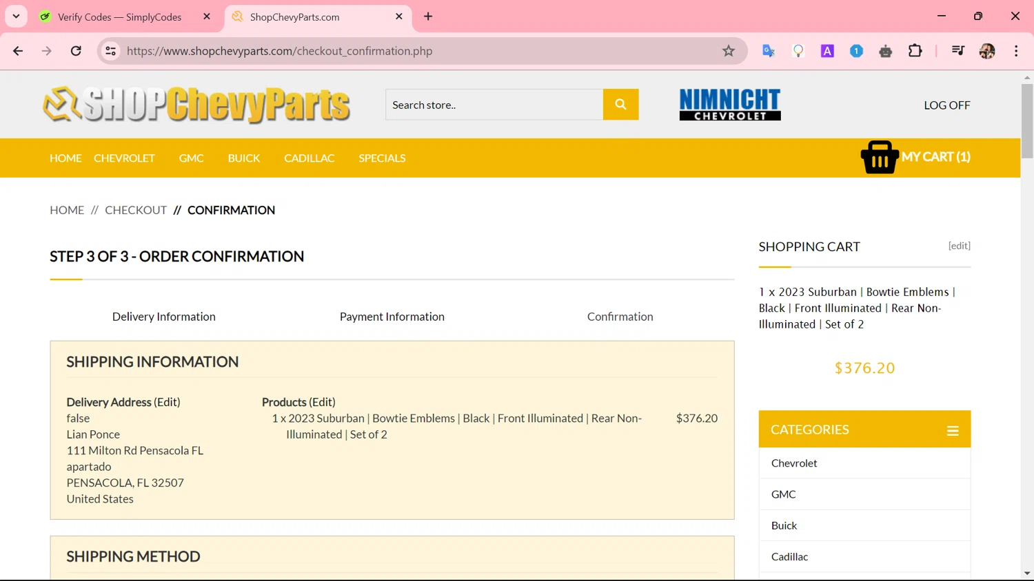 ShopChevyParts.com checkout page showing ShopChevyParts.com promo code box | Screenshot taken by SimplyCodes community member on May 29, 2024