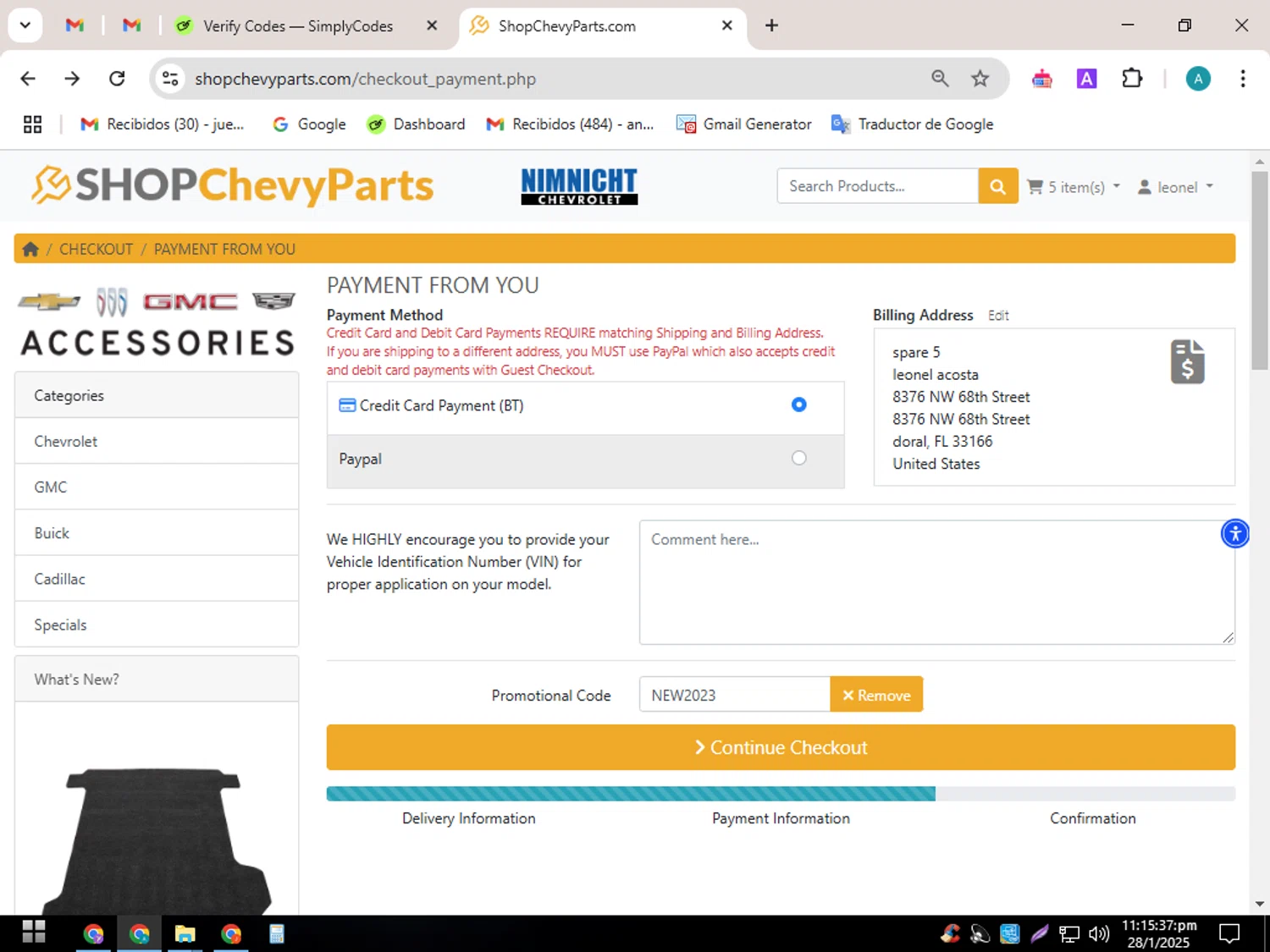 ShopChevyParts.com checkout page showing ShopChevyParts.com promo code box | Screenshot taken by SimplyCodes community member on Jan 29, 2025