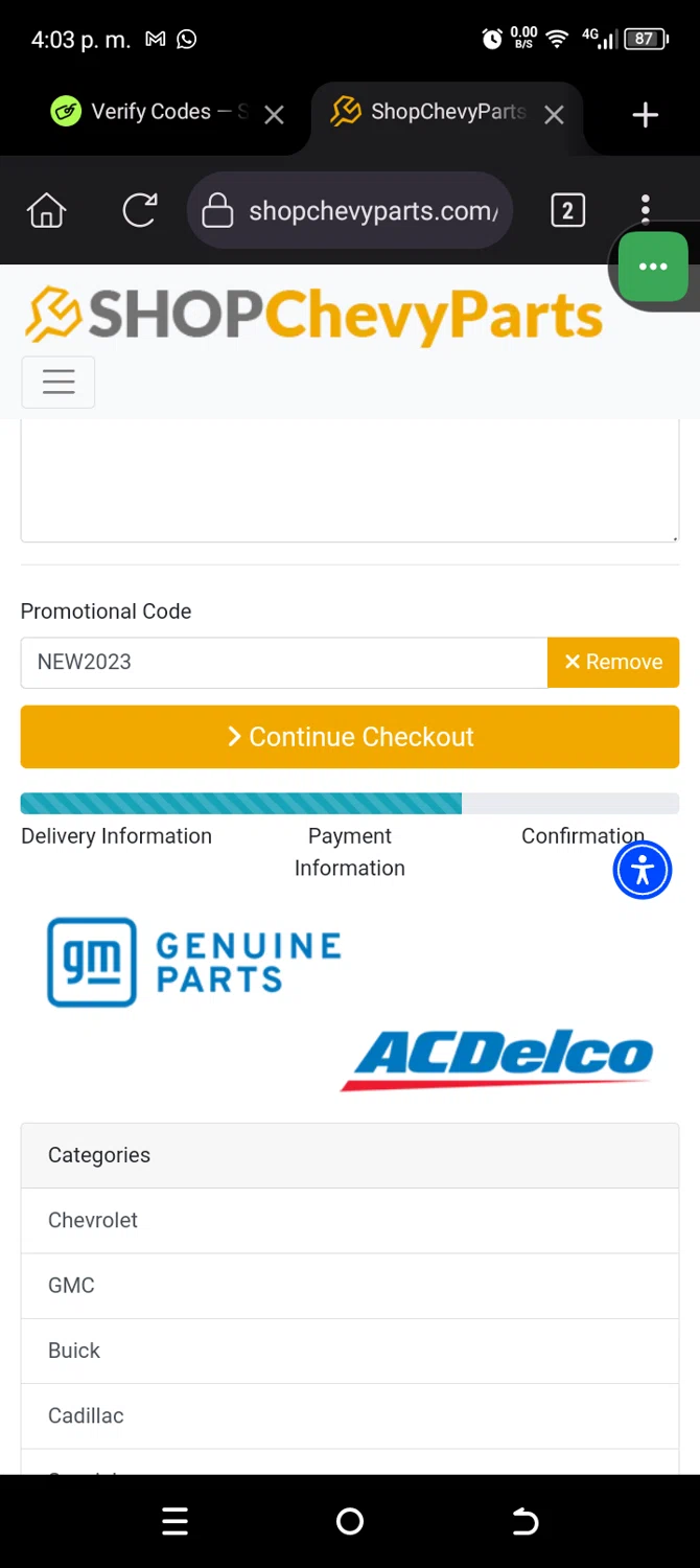 ShopChevyParts.com checkout page showing ShopChevyParts.com promo code box | Screenshot taken by SimplyCodes community member on Jan 28, 2025