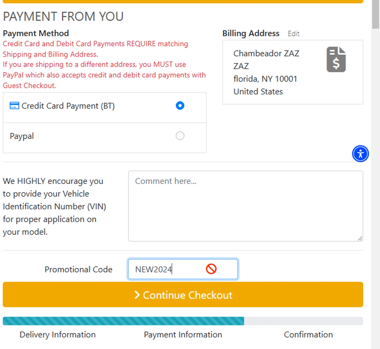 ShopChevyParts.com promo code screenshot showing code NEW2024 applied at ShopChevyParts.com checkout page. Uploaded by SimplyCodes community member ElAuronPlay on Feb 12, 2025