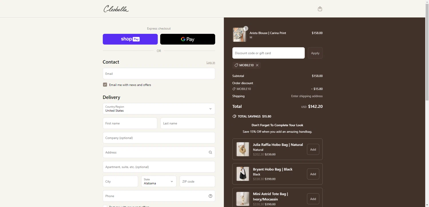 Cleobella discount code screenshot showing code MOBILE10 applied at Cleobella checkout page. Uploaded by SimplyCodes community member PromoAdmiral6652 on Jun 30, 2025