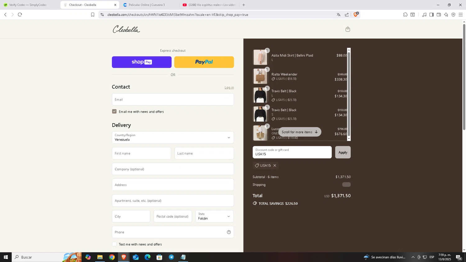 Cleobella discount code screenshot showing code LISA15 applied at Cleobella checkout page. Uploaded by SimplyCodes community member Carloscoder_900457733 on Aug 14, 2025