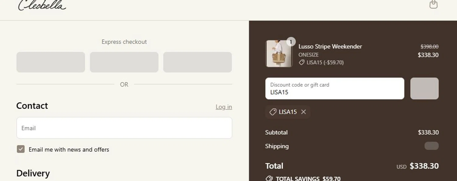 Cleobella discount code screenshot showing code LISA15 applied at Cleobella checkout page. Uploaded by SimplyCodes community member ThornPrincess on Aug 13, 2025
