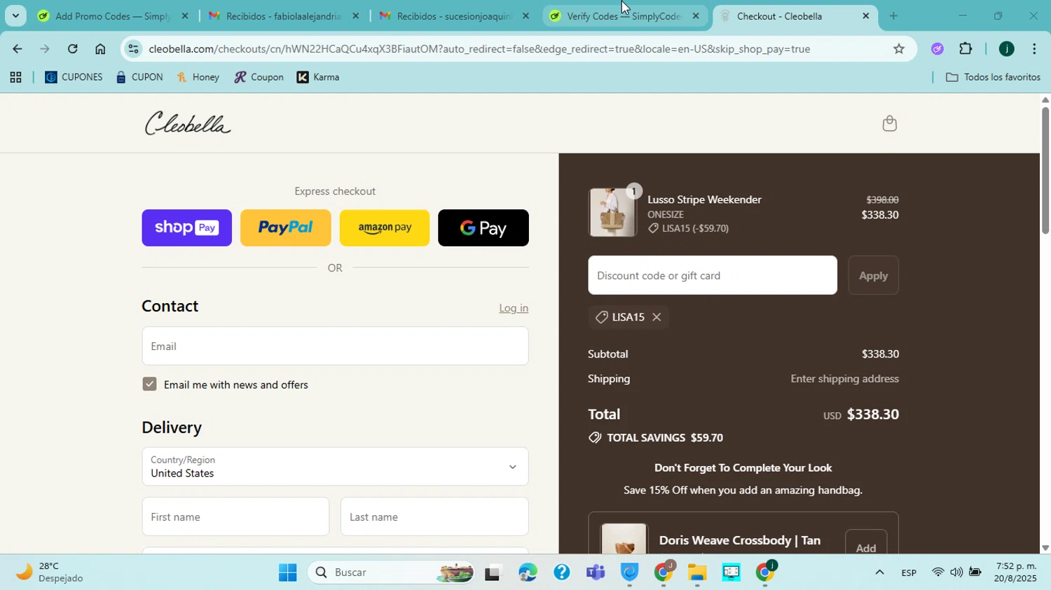 Cleobella discount code screenshot showing code LISA15 applied at Cleobella checkout page. Uploaded by SimplyCodes community member jorgejavierherrera on Aug 20, 2025