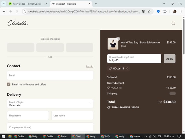 Cleobella checkout page showing Cleobella discount code box | Screenshot taken by SimplyCodes community member on Aug 25, 2025