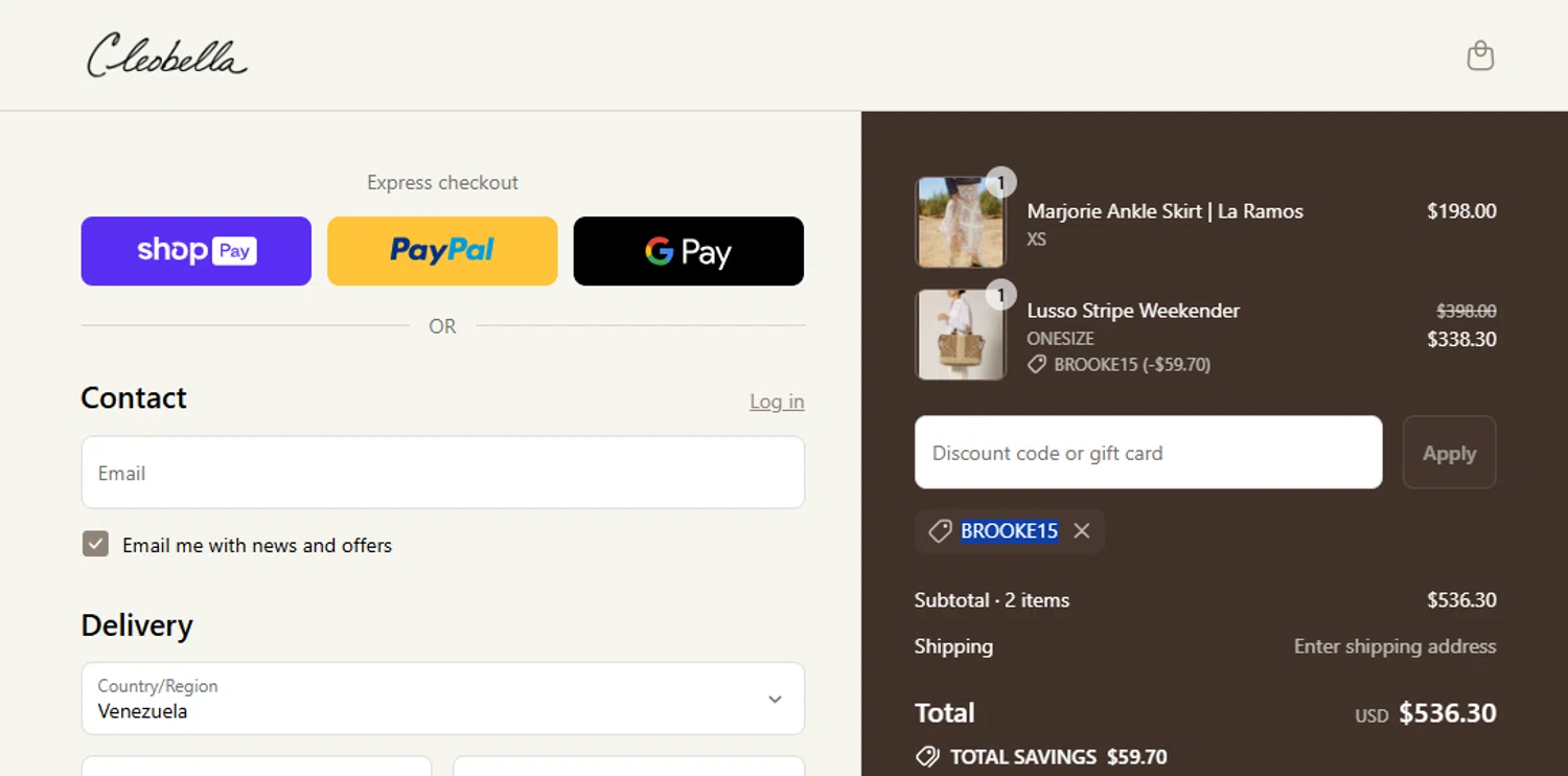 Cleobella discount code screenshot showing code BROOKE15 applied at Cleobella checkout page. Uploaded by SimplyCodes community member Mileidy on Aug 14, 2025
