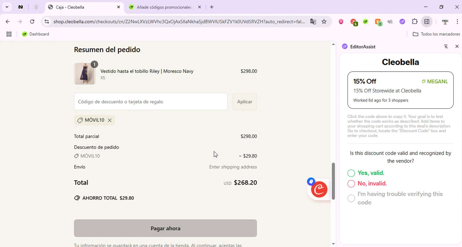 Cleobella discount code screenshot showing code MOBILE10 applied at Cleobella checkout page. Uploaded by SimplyCodes community member SavvyOwl4773 on Jun 30, 2025