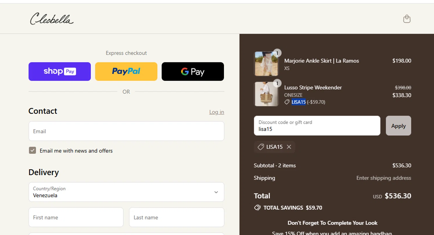Cleobella discount code screenshot showing code LISA15 applied at Cleobella checkout page. Uploaded by SimplyCodes community member yeresojperez on Aug 13, 2025