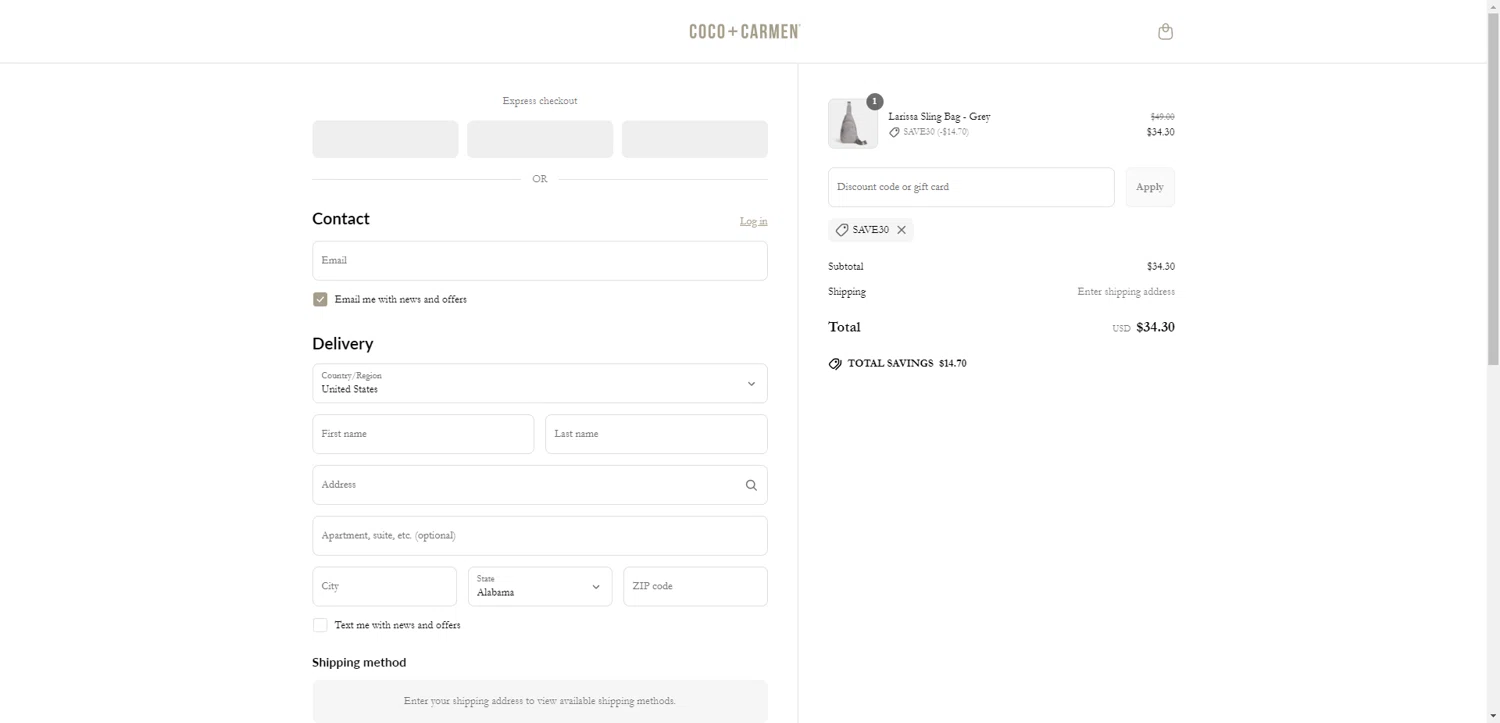 COCO + CARMEN coupon code screenshot showing code SAVE30 applied at COCO + CARMEN checkout page. Uploaded by SimplyCodes community member PromoAdmiral6652 on Jun 20, 2025