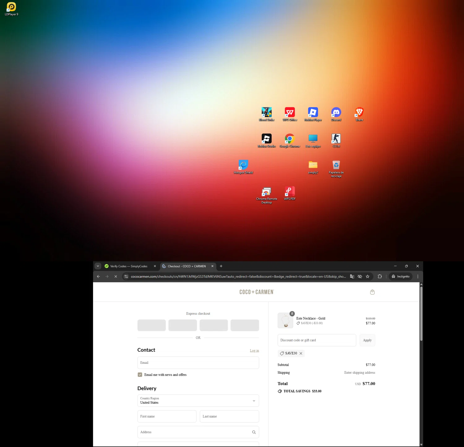 COCO + CARMEN coupon code screenshot showing code SAVE30 applied at COCO + CARMEN checkout page. Uploaded by SimplyCodes community member SAKURA on Aug 2, 2025