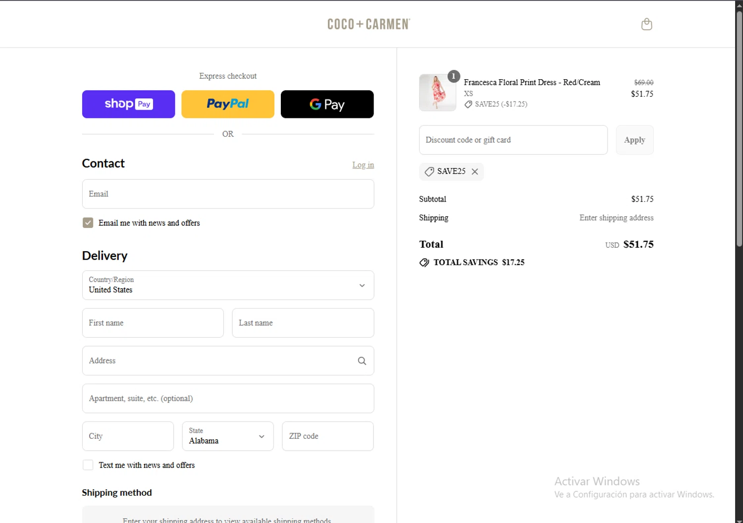 COCO + CARMEN coupon code screenshot showing code SAVE25 applied at COCO + CARMEN checkout page. Uploaded by SimplyCodes community member ValueGenius9720 on Jul 24, 2025