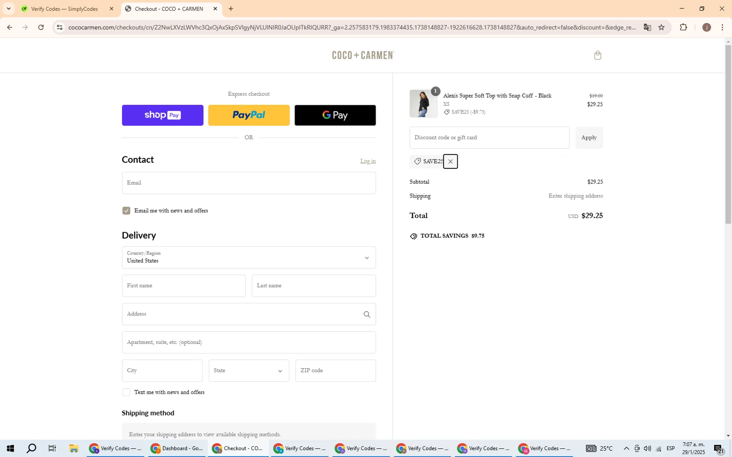 COCO + CARMEN coupon code screenshot showing code SAVE25 applied at COCO + CARMEN checkout page. Uploaded by SimplyCodes community member GoldChaser6000 on Jan 29, 2025