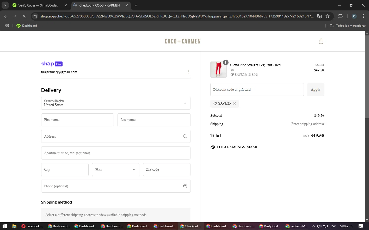COCO + CARMEN coupon code screenshot showing code SAVE25 applied at COCO + CARMEN checkout page. Uploaded by SimplyCodes community member CoinHunter3841 on Jan 4, 2025