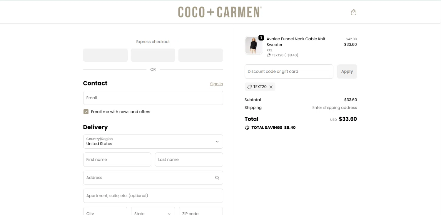 COCO + CARMEN coupon code screenshot showing code TEXT20 applied at COCO + CARMEN checkout page. Uploaded by SimplyCodes community member IronHorse on Dec 29, 2025