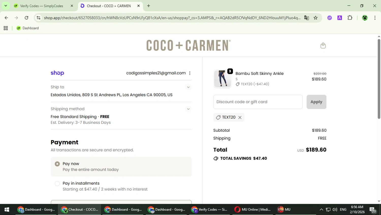 COCO + CARMEN checkout page showing COCO + CARMEN coupon code box | Screenshot taken by SimplyCodes community member on Feb 10, 2026