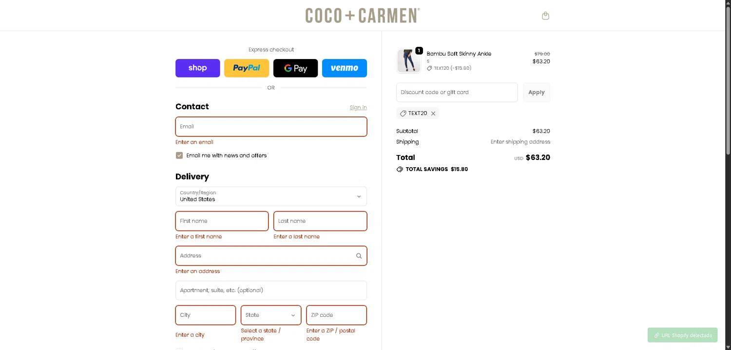 COCO + CARMEN coupon code screenshot showing code TEXT20 applied at COCO + CARMEN checkout page. Uploaded by SimplyCodes community member PromoElite4745 on Feb 6, 2026