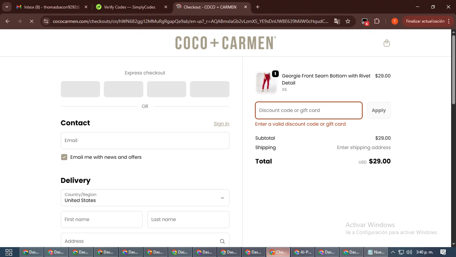 COCO + CARMEN coupon code screenshot showing code CYBER2025 applied at COCO + CARMEN checkout page. Uploaded by SimplyCodes community member DiscountWizard3787 on Dec 6, 2025