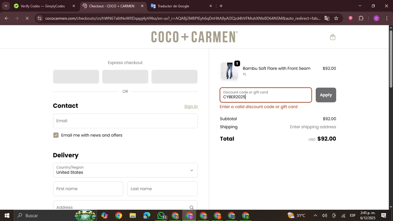 COCO + CARMEN coupon code screenshot showing code CYBER2025 applied at COCO + CARMEN checkout page. Uploaded by SimplyCodes community member FrugalPro5078 on Dec 6, 2025