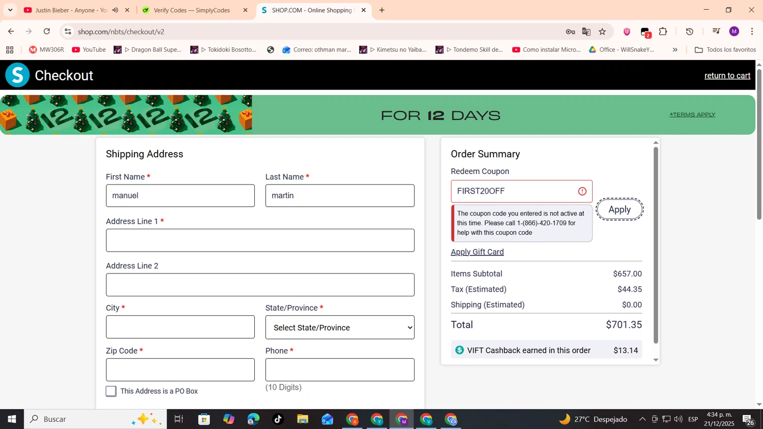 Shop.com promo code screenshot showing code FIRST20OFF applied at Shop.com checkout page. Uploaded by SimplyCodes community member cod_gakpo on Dec 21, 2025