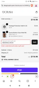 MEMORIALCRUSH coupon verification screenshot