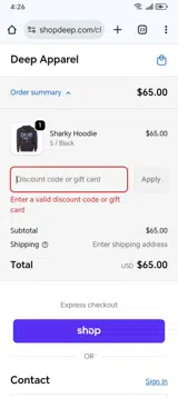 DEEPAPPAREL20 coupon verification screenshot