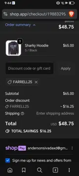 FARRELL25 coupon verification screenshot