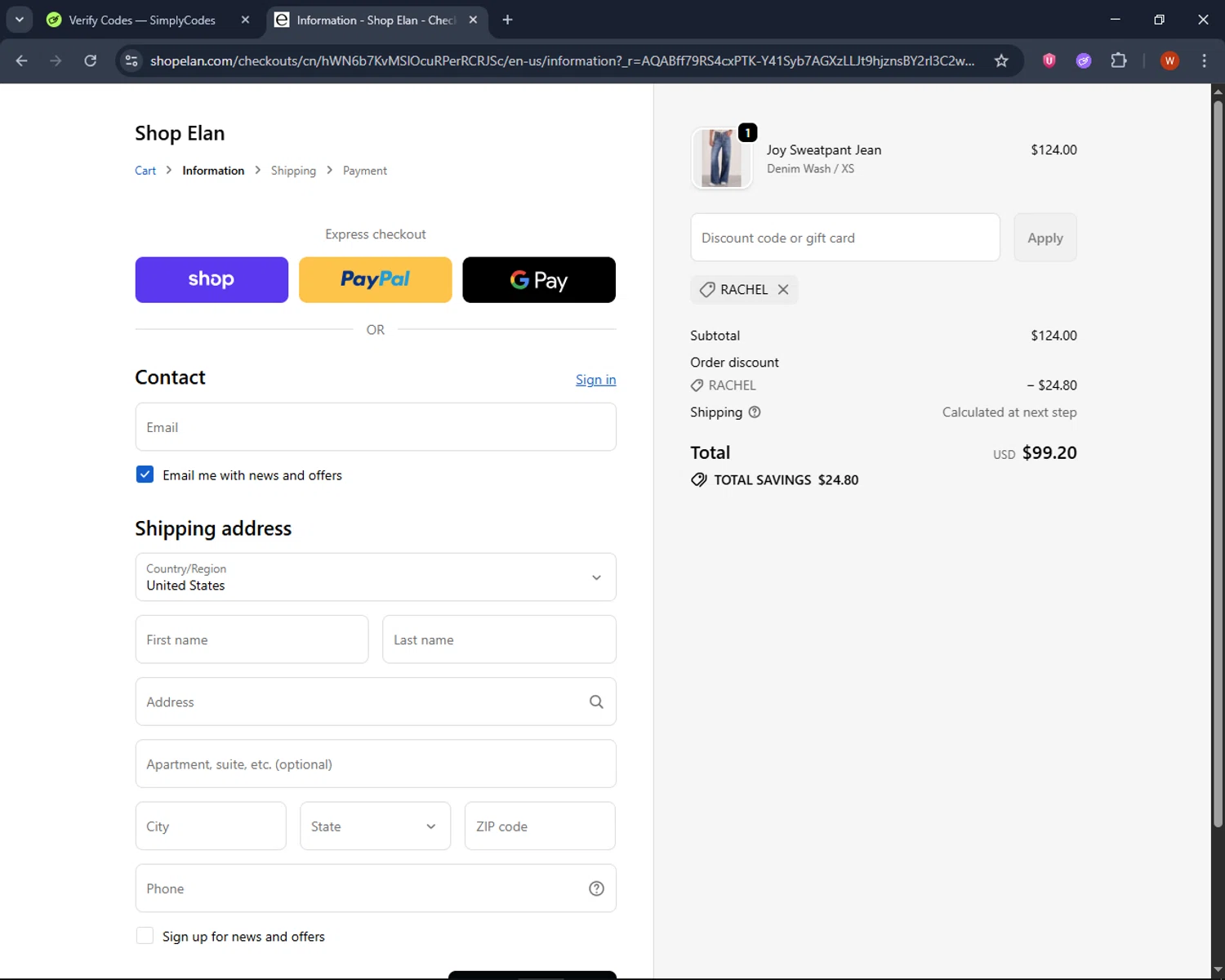 Shop Elan promo code screenshot showing code RACHEL applied at Shop Elan checkout page. Uploaded by SimplyCodes community member CashPro9699 on Dec 19, 2025