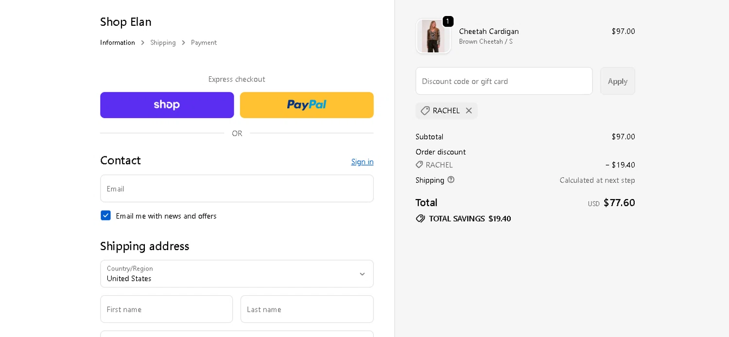 Shop Elan promo code screenshot showing code RACHEL applied at Shop Elan checkout page. Uploaded by SimplyCodes community member BLUEBLASTOISE on Dec 19, 2025