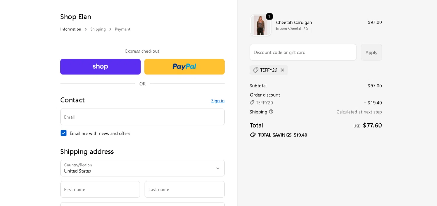 Shop Elan promo code screenshot showing code TEFFY20 applied at Shop Elan checkout page. Uploaded by SimplyCodes community member tuvalu10 on Dec 19, 2025