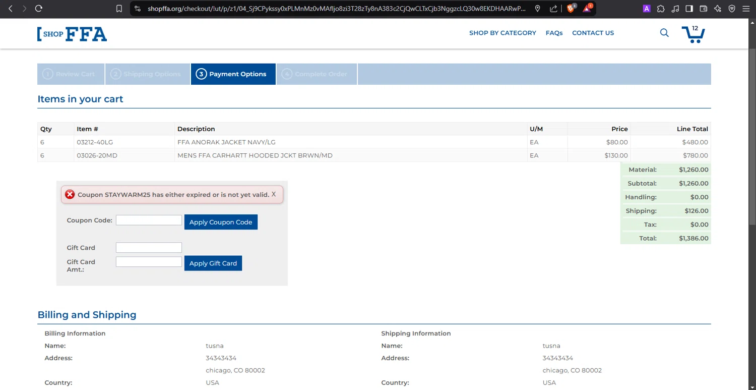 Shop FFA coupon code screenshot showing code STAYWARM25 applied at Shop FFA checkout page. Uploaded by SimplyCodes community member Darwin on Feb 25, 2025