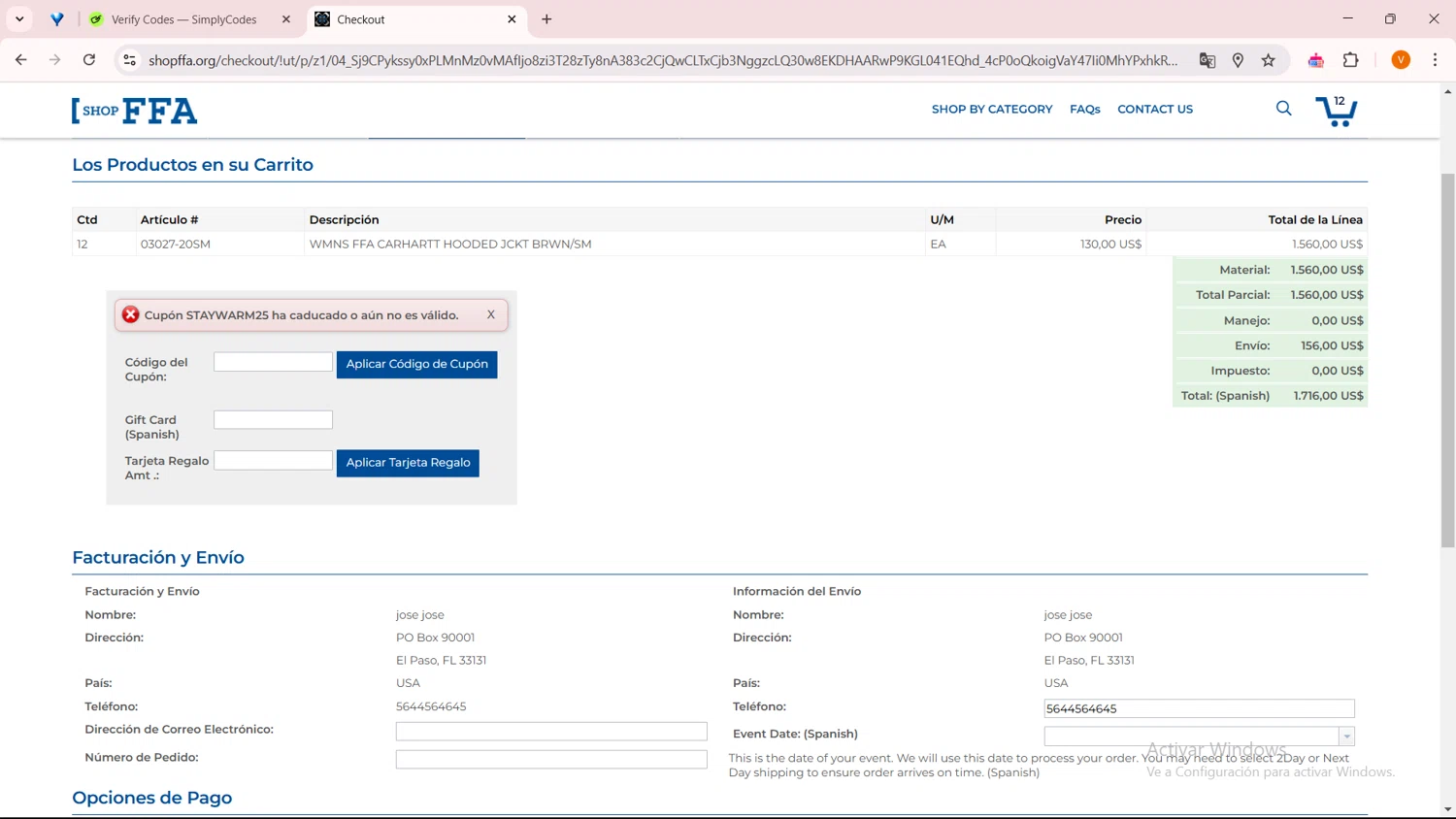 Shop FFA coupon code screenshot showing code STAYWARM25 applied at Shop FFA checkout page. Uploaded by SimplyCodes community member ExtraordinarySaver9637 on Feb 25, 2025