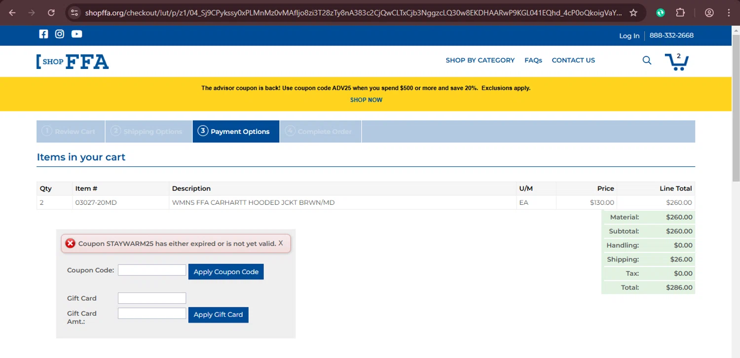 Shop FFA coupon code screenshot showing code STAYWARM25 applied at Shop FFA checkout page. Uploaded by SimplyCodes community member xaswqe on Feb 25, 2025