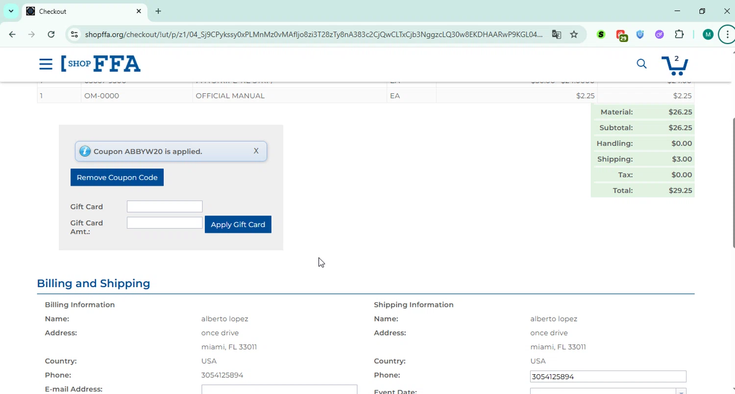 Shop FFA coupon code screenshot showing code ABBYW20 applied at Shop FFA checkout page. Uploaded by SimplyCodes community member Papiee on Oct 13, 2025