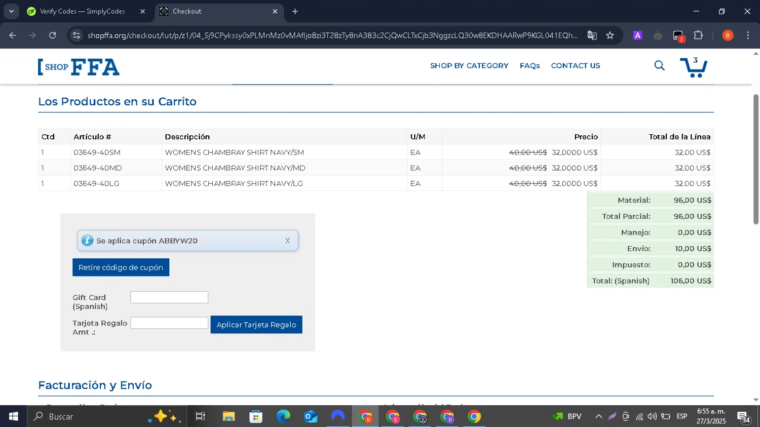 Shop FFA coupon code screenshot showing code ABBYW20 applied at Shop FFA checkout page. Uploaded by SimplyCodes community member VictoriousShopper1111 on Mar 27, 2025