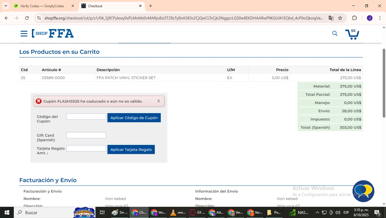 Shop FFA coupon code screenshot showing code FLASHSS25 applied at Shop FFA checkout page. Uploaded by SimplyCodes community member CrownPhoenix4297 on Oct 6, 2025