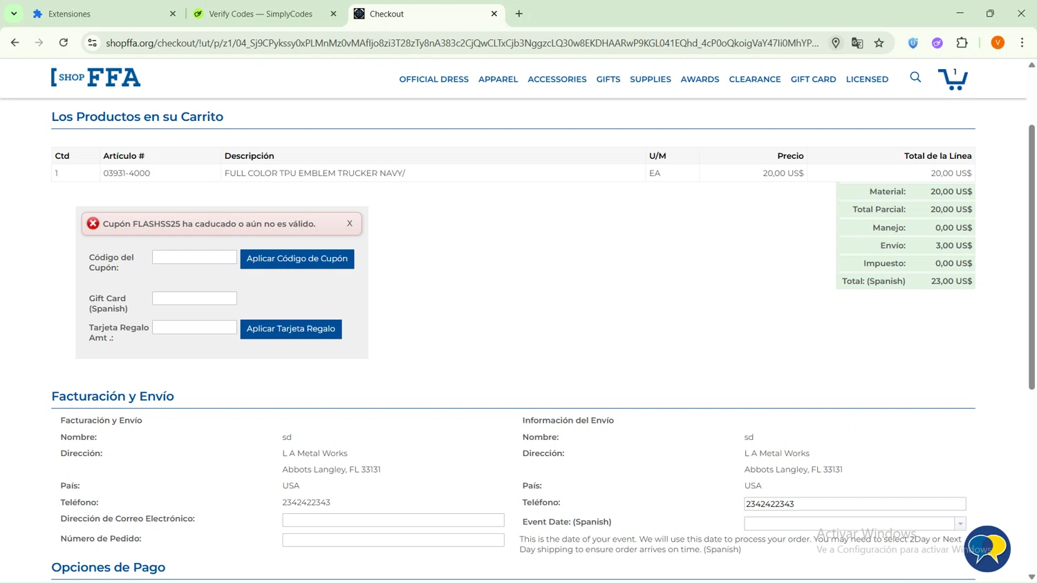 Shop FFA coupon code screenshot showing code FLASHSS25 applied at Shop FFA checkout page. Uploaded by SimplyCodes community member SavingsFinder9954 on Oct 6, 2025