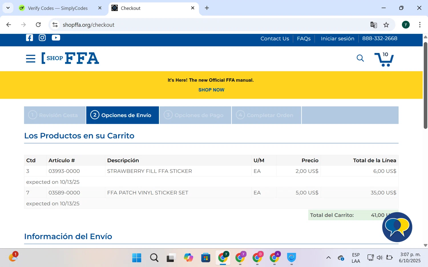 Shop FFA coupon code screenshot showing code FLASHSS25 applied at Shop FFA checkout page. Uploaded by SimplyCodes community member chespi on Oct 6, 2025