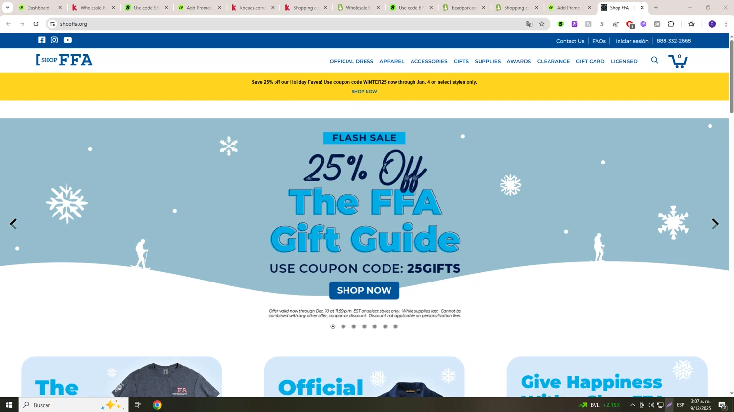 Shop FFA coupon code screenshot showing code 25GIFTS applied at Shop FFA checkout page. Uploaded by SimplyCodes community member LAGUGU on Dec 9, 2025