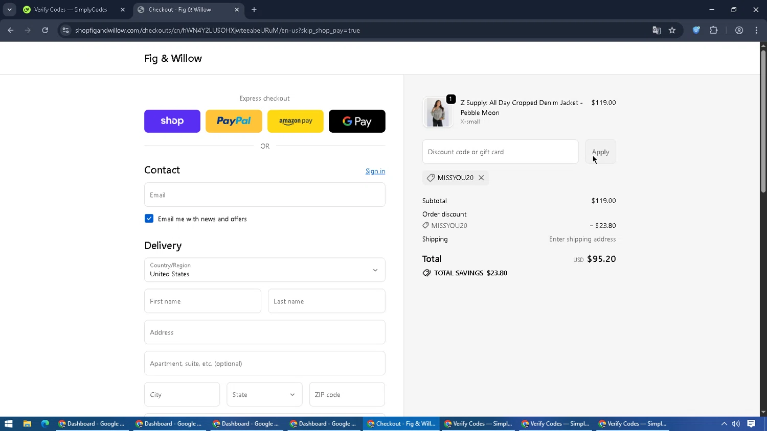 Fig & Willow promo code screenshot showing code MISSYOU20 applied at Fig & Willow checkout page. Uploaded by SimplyCodes community member MoneyPilot9165 on Oct 26, 2025
